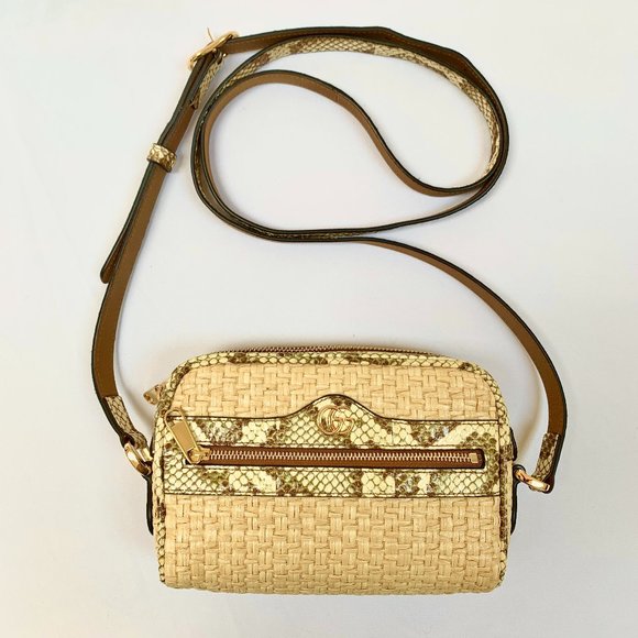 Gucci Mini GG Ophidia Straw Shoulder Bag with Printed Trim in Beige and Green - Picture 1 of 15